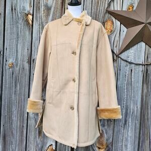 VTG 90s Penny Lane Coat Size L Tan Faux Suede Plush Fur Patchwork Fleet Street